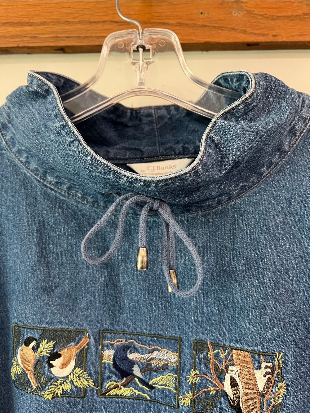 CJ Banks Light Blue Denim Pullover Embroidered Jacket, birds, xl - Picture 7 of 9